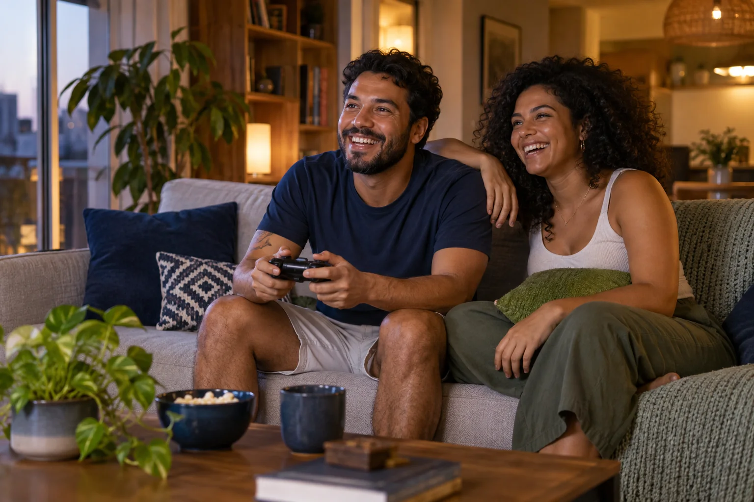 Pessoas se divertindo no sofá de casa